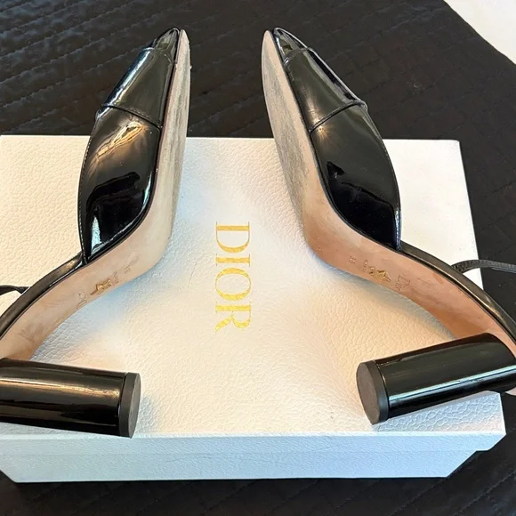 Dior Glossy Black Heels with Gold C D Accents - Picture 3 of 5